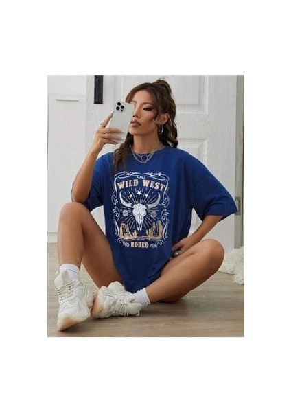 Wild West Baskılı Kadın Oversize Saks Mavi Salas T-Shirt Boyfriend