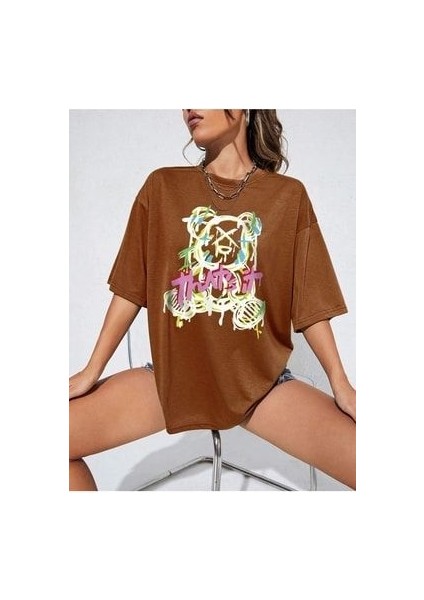 Bear Baskılı Kadın Oversize Kahverengi T-Shirt