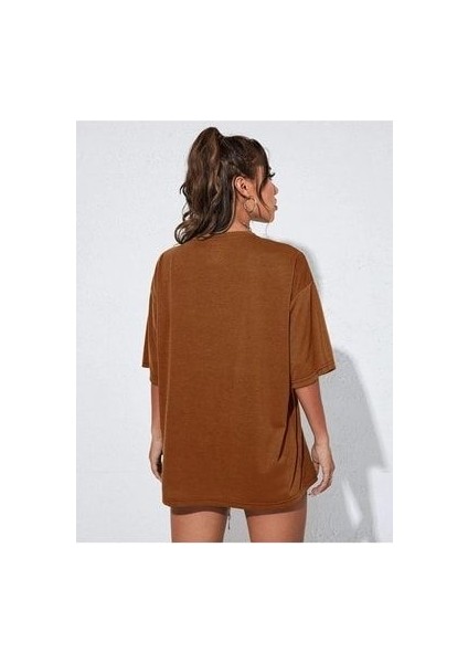 Bear Baskılı Kadın Oversize Kahverengi T-Shirt