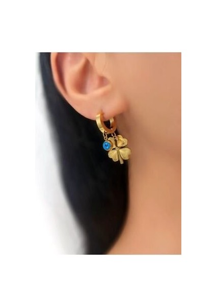 Nazar Boncuklu Çelik Yonca Küpe