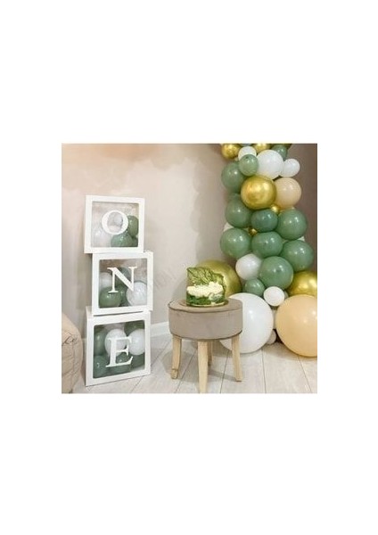 1 Yaş Doğum Günü One Balon Kutusu Retro Okaliptus Krom Gold Pastel Beyaz Balon Zinciri Seti