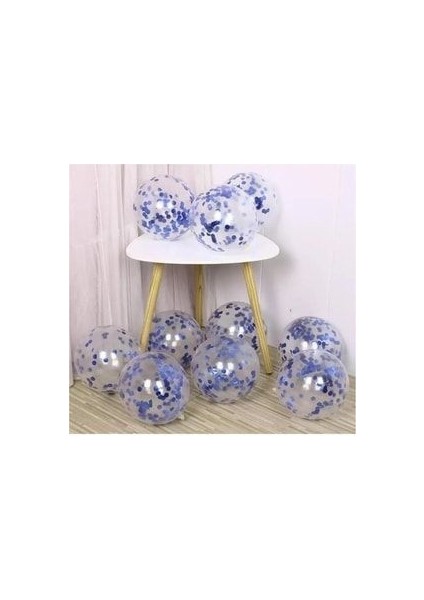 Mavi Konfetili Şeffaf Balon 10 Adet 30 cm Pullu Balon Balon Pulu Şeffaf Balon