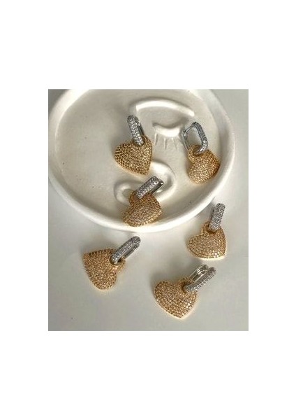 Iki Renkli Kalp Model Full Zirkon Taşlı Gold & Gümüş Küpe