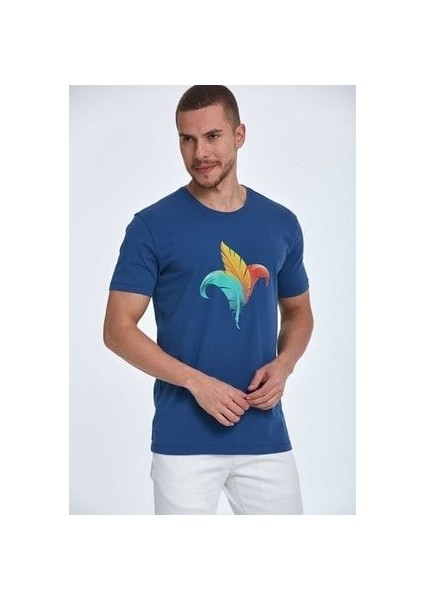 Kuş Tüyü Baskılı Pamuklu Erkek Tişört Lacivert