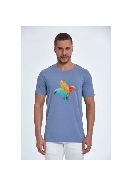 Kuş Tüyü Baskılı Pamuklu Erkek Tişört Gri