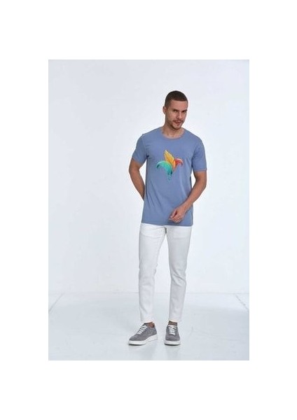 Kuş Tüyü Baskılı Pamuklu Erkek Tişört Gri fiyatları