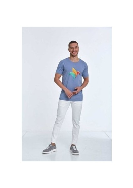 Kuş Tüyü Baskılı Pamuklu Erkek Tişört Gri modelleri