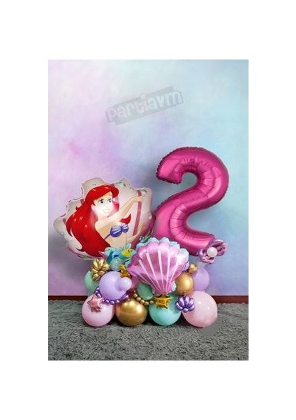Little Mermaid Ariel Küçük Deniz Kızı Balon Buketi Fuşya Rakam Balon