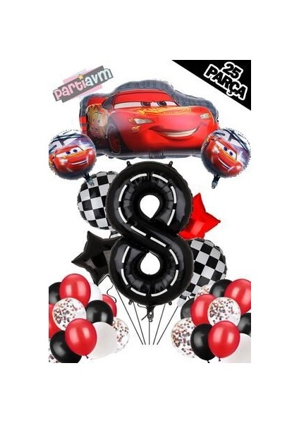Siyah Rakam Balonlu Şimşek Mcqueen Balon Seti Arabalar (Cars) Konfetili Şeffaf Balon