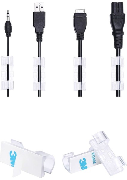 20 Adet Kablo Sabitleme Aparatı Duvara Yapışkanlı Kablo Düzenleyici Toplayıcı Klips Şeffaf USB Kablo
