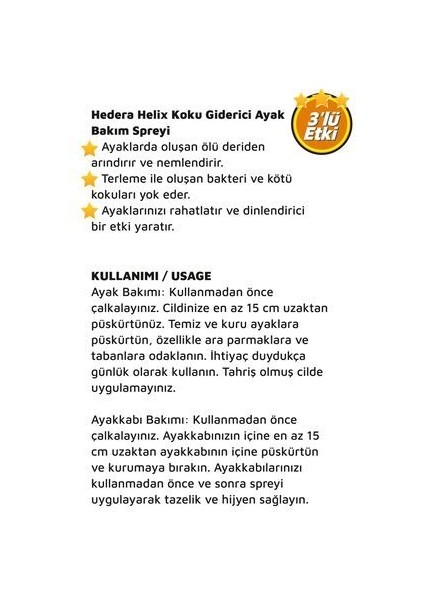 150 ml Ayak & Ayakkabı Koku Önleyici Giderici Bakım Spreyi Hedera Helix Fresh Deodorant Etkili