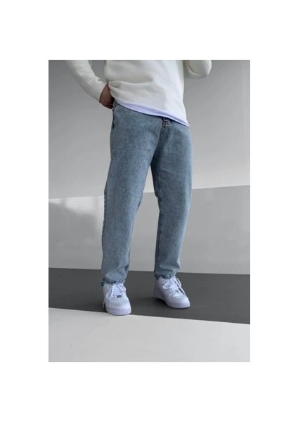 Erkek Asit Yıkama Açık Mavi Kot Baggy Pantolon Jean