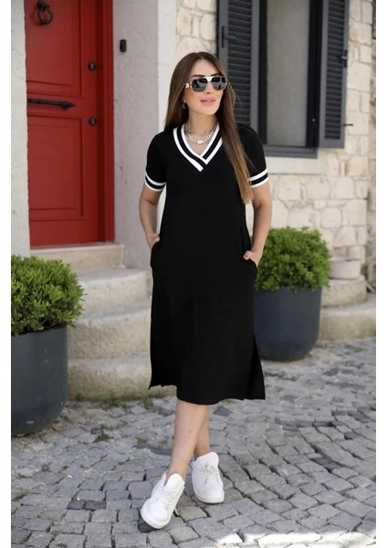 Kadın Kısa Kollu V Yaka Kol ve Yaka Ribana Detay Midi Boy Viskon Elbise modelleri