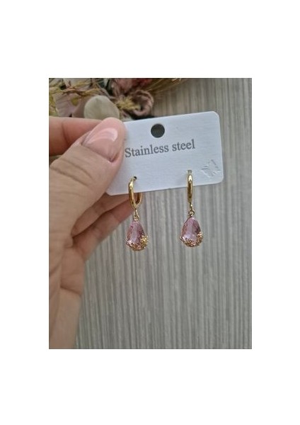 Damla Küpe Çelik Gold Taşlı Küpe Altın Montürlü