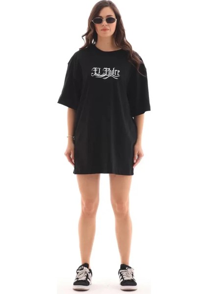 Unisex Bisiklet Yaka Baskılı Oversize T-Shirt - Siyah