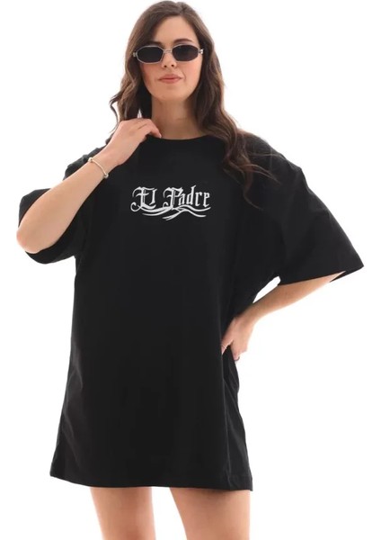 Unisex Bisiklet Yaka Baskılı Oversize T-Shirt - Siyah
