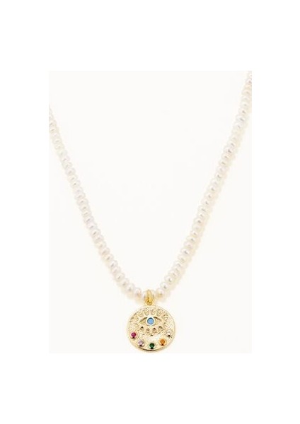 18 Ayar Altın Kaplama Gümüş Göz Figürlü Natürel Incili Kolye Renkli Zirkon Taşlı Shine Koleksiyon