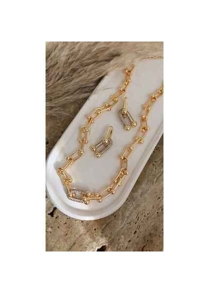 Kalın Zincirli Taşlı Tiffany Model Kolye Küpe Bileklik Set