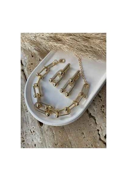 Kalın Zincirli Taşlı Tiffany Model Kolye Küpe Bileklik Set fiyatları