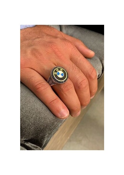 Bmw Amblemli Siyah Zirkon Taşlı Gümüş Erkek Yüzük