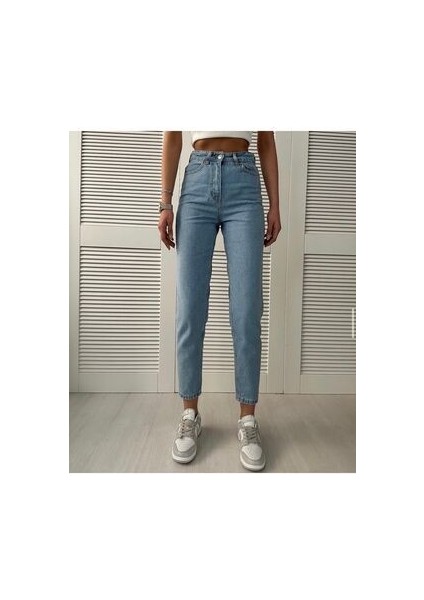 Jaxen Kadın Yüksek Bel Mavi Kar Yıkama Likralı Mom Jeans Pantolon