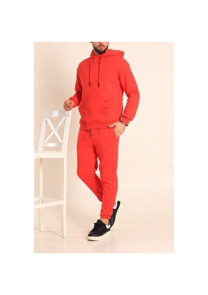 Erkek Kırmızı Eşofman Takımı Oversize Kalıp Comfort Kapüşonlu Sweatshirt Sweatpants
