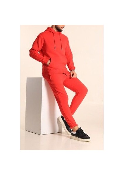 Erkek Kırmızı Eşofman Takımı Oversize Kalıp Comfort Kapüşonlu Sweatshirt Sweatpants modelleri