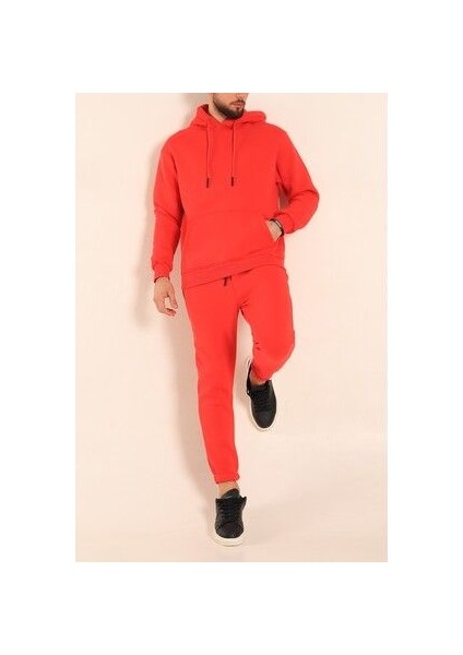 Erkek Kırmızı Eşofman Takımı Oversize Kalıp Comfort Kapüşonlu Sweatshirt Sweatpants fırsatları