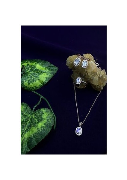 Oval Model Rose Kaplama Zirkon Taşlı Gümüş Üçlü Set