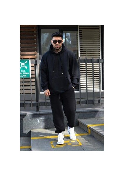Erkek Kışlık Eşofman Takımı Siyah 3 Iplik Içi Polarlı Oversize