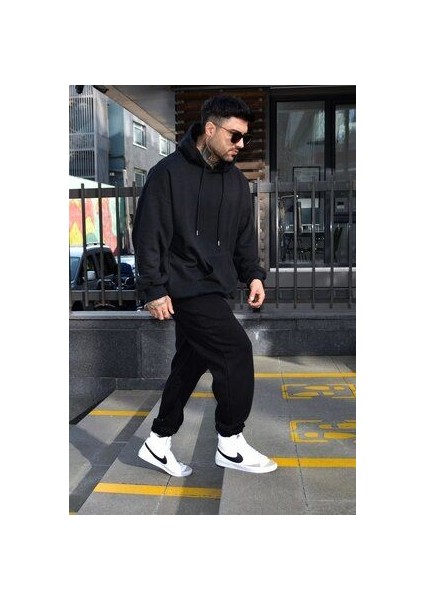 Erkek Kışlık Eşofman Takımı Siyah 3 Iplik Içi Polarlı Oversize