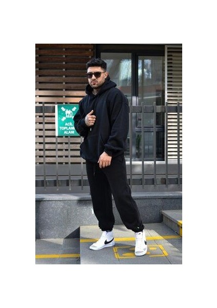 Erkek Kışlık Eşofman Takımı Siyah 3 Iplik Içi Polarlı Oversize