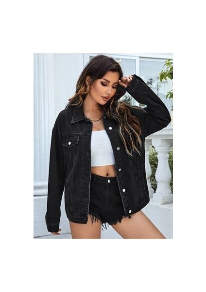 Kadın Boyfriend Kot Ceket Antrasit Renk ve Rahat Kesim fırsatları