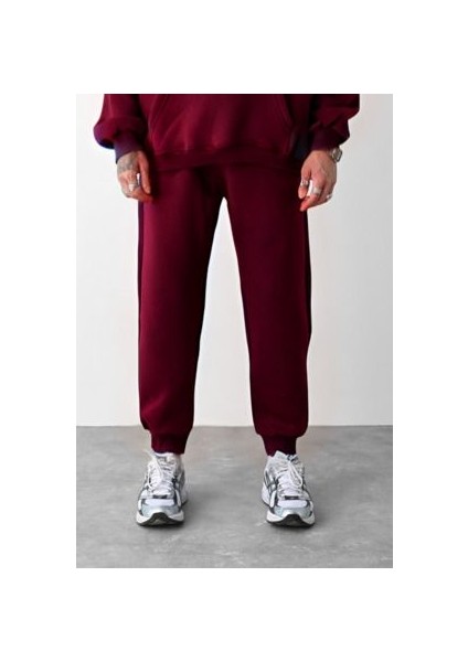 Erkek Bordo Oversize 3 Iplik Eşofman Altı