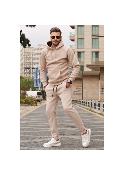 Erkek Bej 3 Iplik Oversize Eşofman Takımı