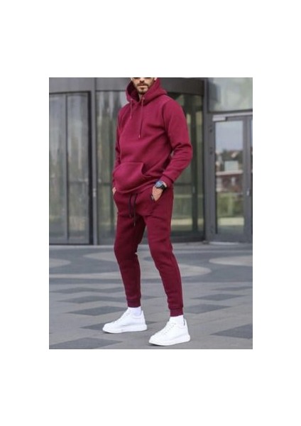 CMZ Collection Erkek Bordo Kapşonlu 3 Iplik Şardonlu Paça Lastikli Eşofman Takım