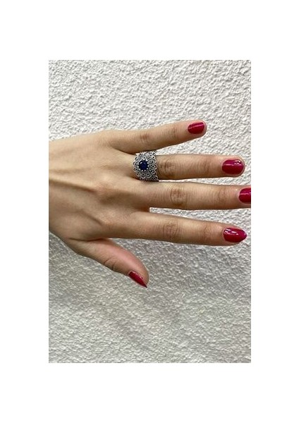 Papatya Model Telkari El Işçiliği Safir Taşlı Gümüş Kadın Yüzük