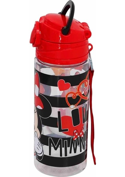 Minnie Lisanslı Pipetli Plastik Matara 500 ml Kırmızı ve Beslenme Kabı