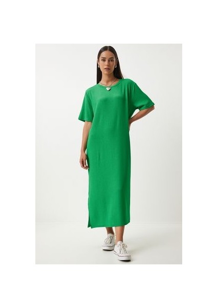 Lovely İstanbul Bol Uzun Yazlık Örme Elbise Yeşil modelleri