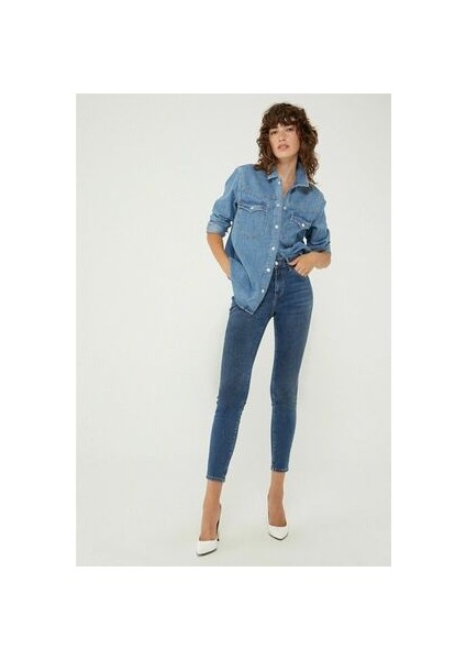Kadın Skinny Likralı Kot Pantolon Yüksel Bel Dar Paça Mavi Günlük Stil fiyatları