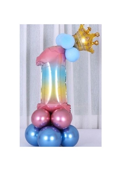 Rakam Balon Karşılama Seti 1 Yaş Gökkuşağı Renkleri Rakam Balon Altın Taçlı 1 Rakamlı Balon