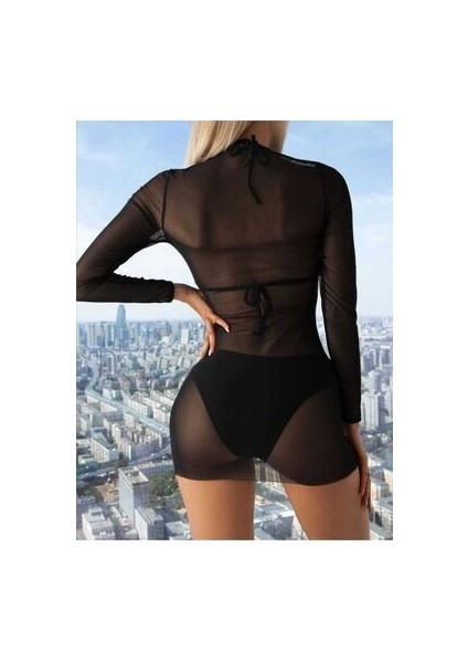 Kadın Likralı Tül Pareo Süper Mini Bodycon Siyah Plaj Elbise