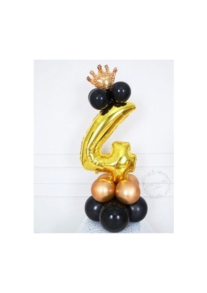 Altın Rakam Balon Karşılama Seti 4 Yaş Siyah Gold Renkleri Altın Taçlı 4 Rakamlı Balon