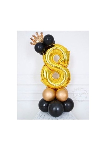Altın Rakam Balon Karşılama Seti 8 Yaş Siyah Gold Renkleri Altın Taçlı 8 Rakamlı Balon