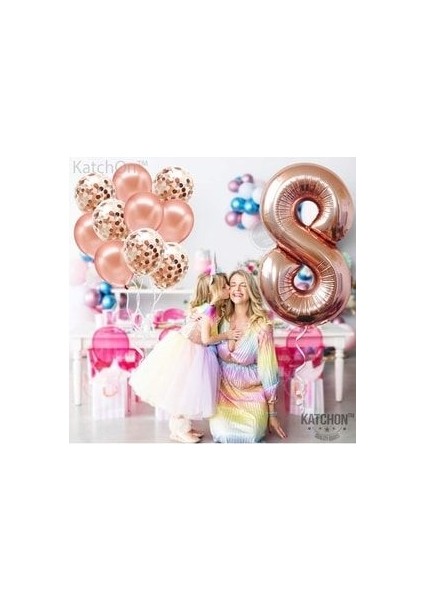 Büyük Rakam Balon Rose Gold 8 Yaş + Konfeti Pullu Şeffaf Balon ve Metalik Rose Gold Balon indirimleri