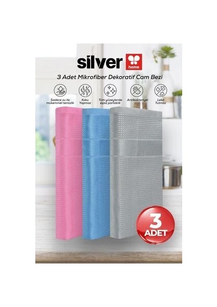 3'lü Mikrofiber Dekoratif Cam Bezi Gri - Pembe - Mavi 40X40 cm