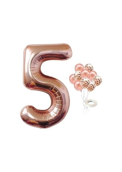 Büyük Rakam Balon Rose Gold 5 Yaş + Konfeti Pullu Şeffaf Balon ve Metalik Rose Gold Balon