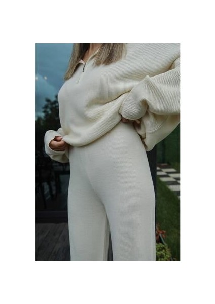 Örgü Detaylı Oversize Kazak Pantolon Triko Alt-Üst Takım