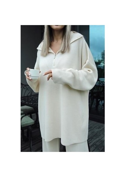 Örgü Detaylı Oversize Kazak Pantolon Triko Alt-Üst Takım fırsatları