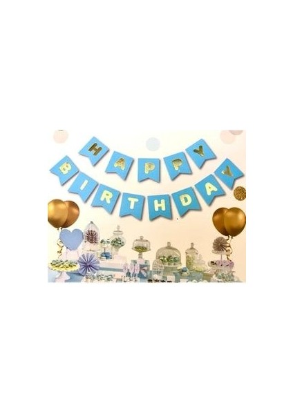 Happy Birthday Banner Mavi Üstüne Gold Altın Sarısı Yaldızlı